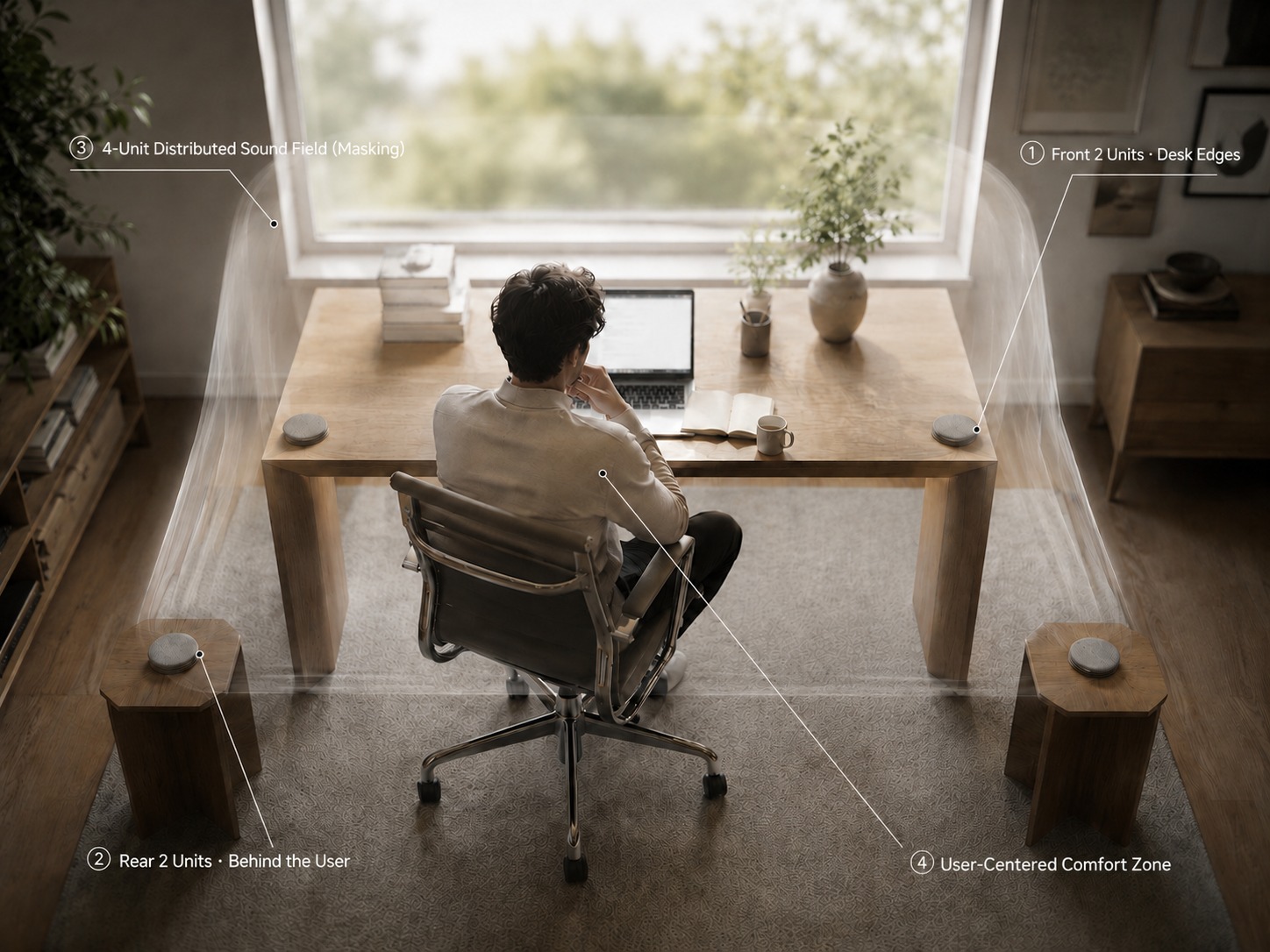 Front and rear PEBL unit pairs create a distributed sound field centered on the user