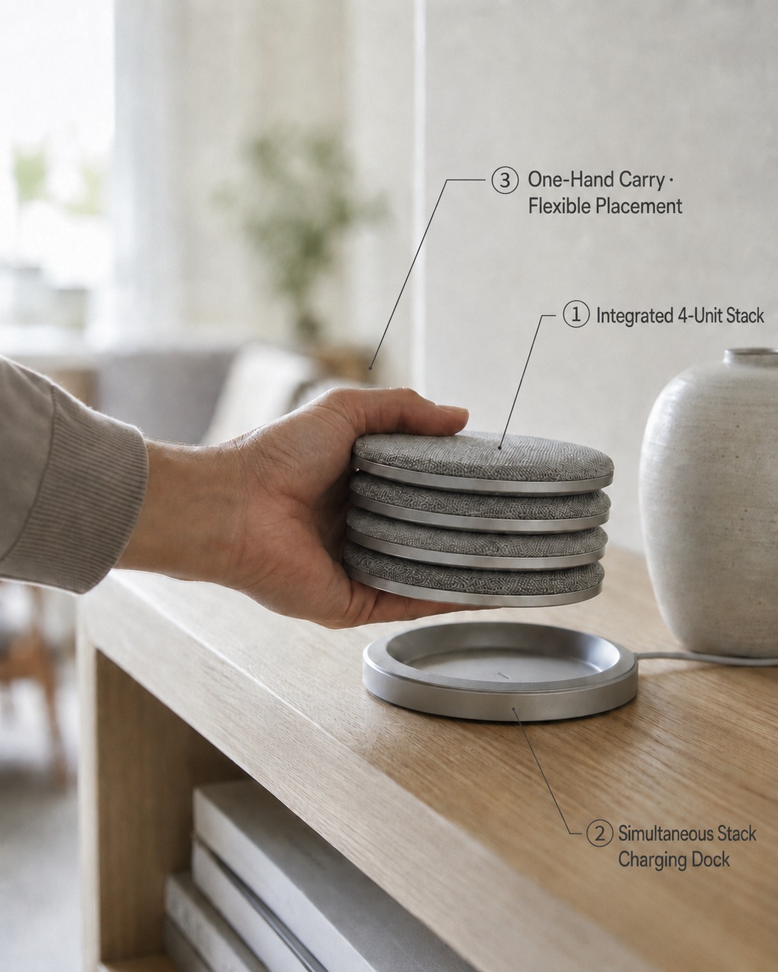 The four-unit PEBL stack carries in one hand and charges together on a single dock